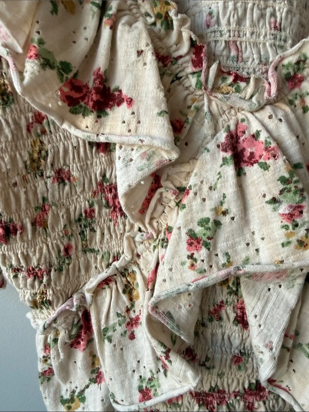 Free People favorite girl Cream Floral Ruffle Smocked crop Top medium cotton